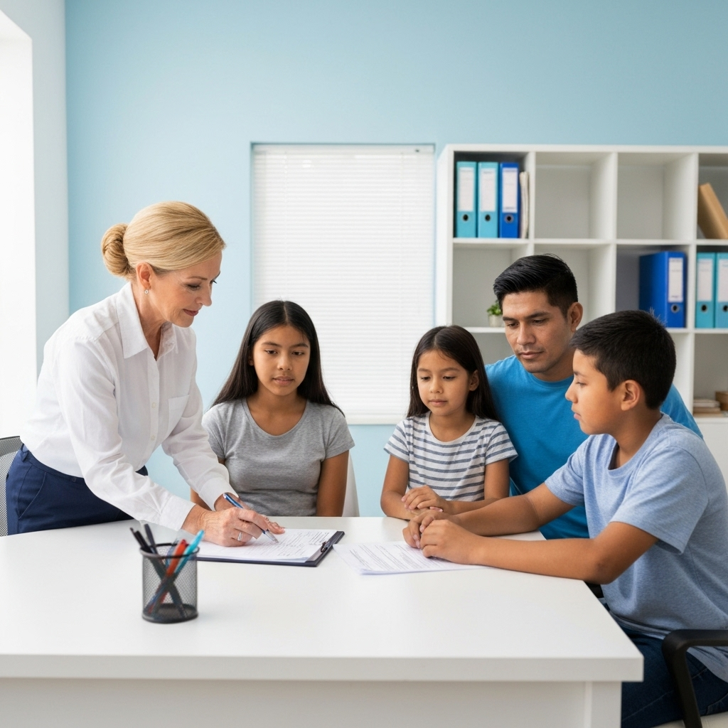 Professional notary helping family with important documents