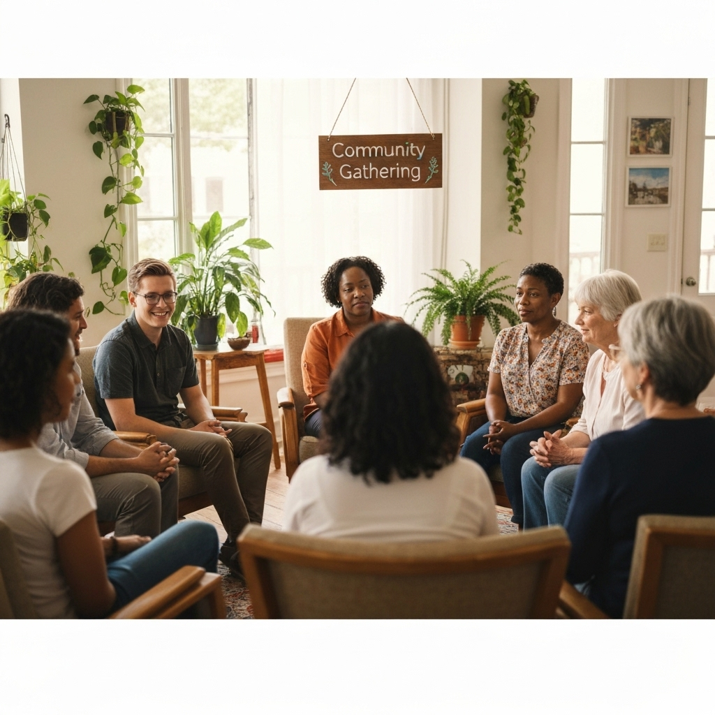 Community support group meeting with diverse individuals
